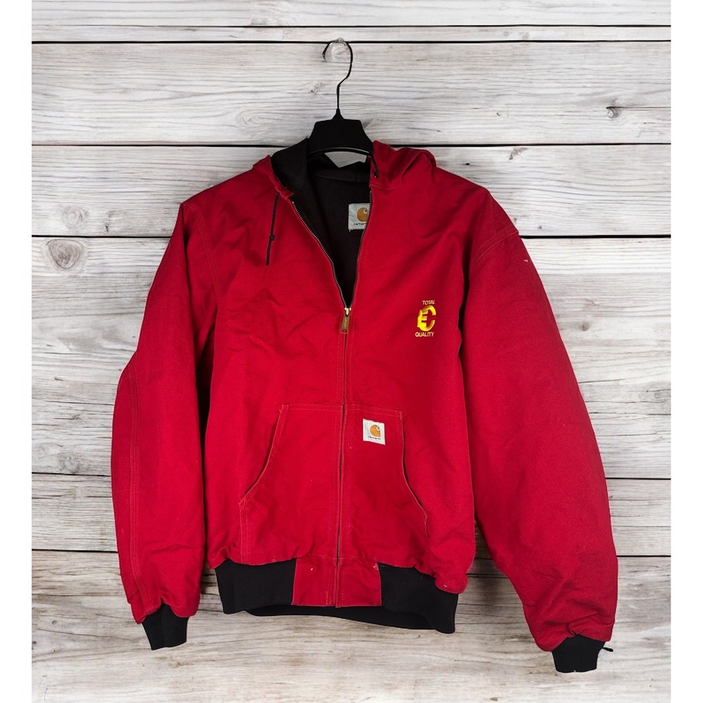 Carhartt Distressed Red Lined Hooded Jacket USA Coat *Company Logo XL Tall - Picture 15 of 15